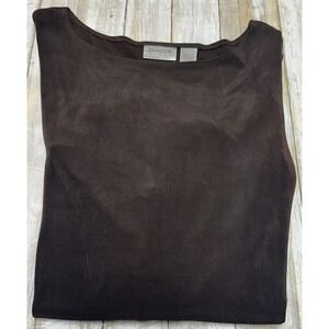 Chicos Travelers Brown Ribbed Asymmetrical Hem Long Sleeve Top Size 2(U.S. 12)‎